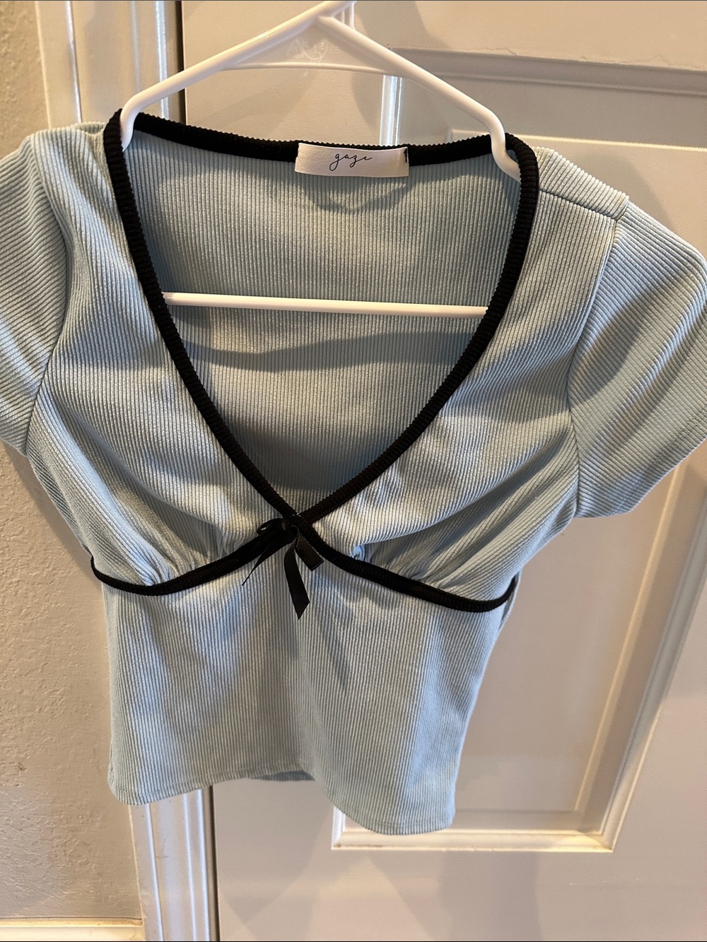 Gaze Light Blue Ribbed Short Sleeve Top with Black Trim